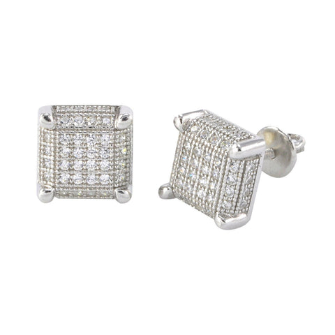 Mens Womens Screwback Earrings Sterling Silver White CZ Studs 9mm Square 3d - Jewelryland.com
