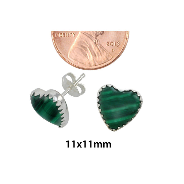 Sterling Silver Green Malachite Gemstone Earrings Heart-Shaped Studs 11mm - Jewelryland.com