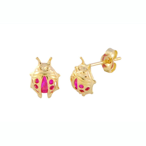 14k Yellow Gold Ladybug Stud Earrings - Red CZ 8mm x 6mm - Jewelryland.com