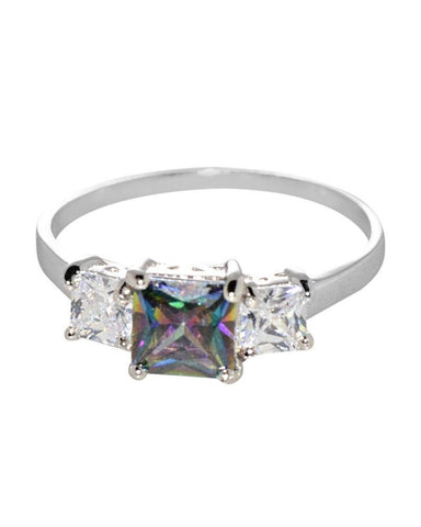 Sterling Silver Ring Square Mystic Topaz & Clear 3 Stone Cubic Zirconia CZ - Jewelryland.com
