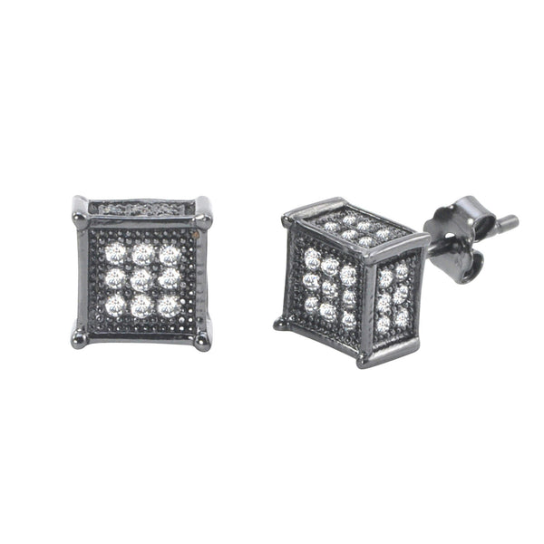 Sterling Silver Micropave Black Stud Earrings White CZ Square 3d Sidestones 7mm - Jewelryland.com