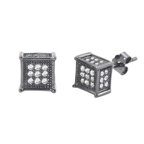 Sterling Silver Micropave Black Stud Earrings White CZ Square 3d Sidestones 7mm - Jewelryland.com