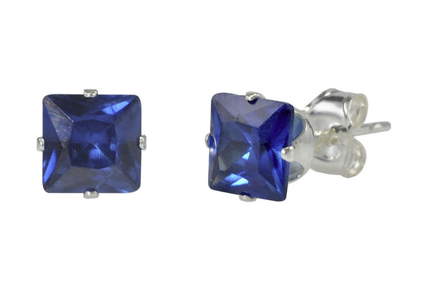 Sapphire CZ Earrings Silver Square Blue September Birthstone Studs Prong Zircon - Jewelryland.com