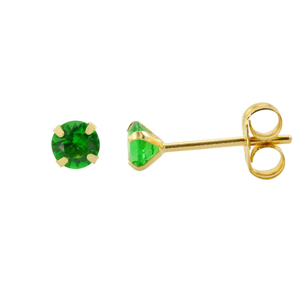 14k Yellow Gold Emerald Cubic Zirconia Stud Earrings Round Birthstone CZ - Jewelryland.com