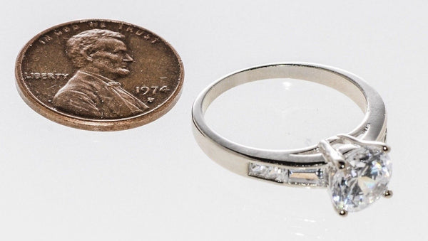 Cubic Zirconia Solitaire Ring 2ct Round CZ Baguettes Sterling Silver - Jewelryland.com