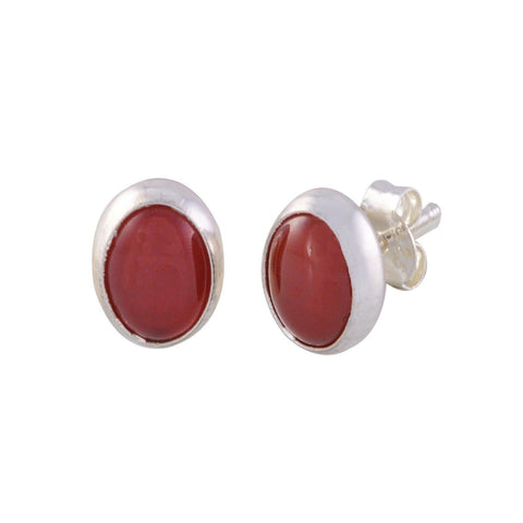 Red Carnelian Stud Earrings .925 Sterling Silver Gemstone 7mm x 9mm Oval - Jewelryland.com