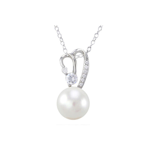 Sterling Silver White Freshwater Pearl Necklace Abstract Heart Design, 18" Chain - Jewelryland.com