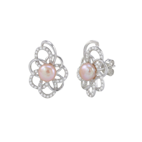 Pink Pearl Elegant Flower Stud Earrings White CZ Petals .925 Sterling Silver - Jewelryland.com
