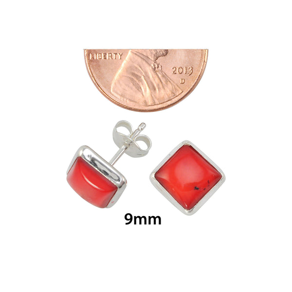 925 Sterling Silver Gemstone Earrings Red Coral 9mm Square Studs - Jewelryland.com