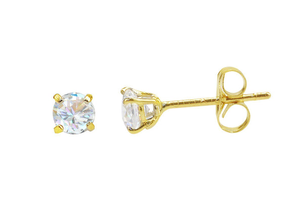 14k Yellow Gold Stud Earrings Clear Round Basket Cubic Zirconia Pushbacks - Jewelryland.com