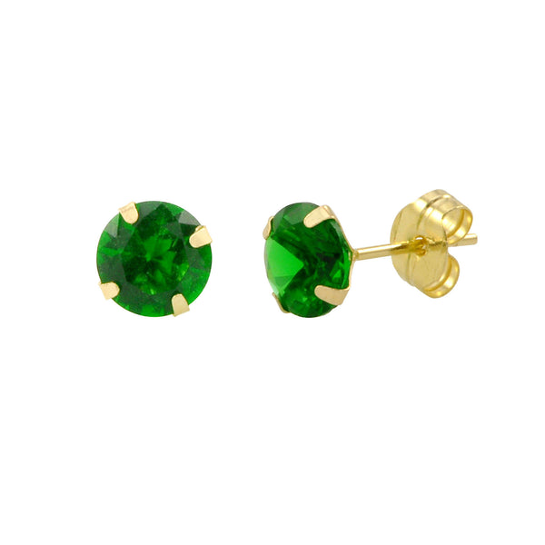 14k Yellow Gold Emerald Cubic Zirconia Stud Earrings Round Birthstone CZ - Jewelryland.com