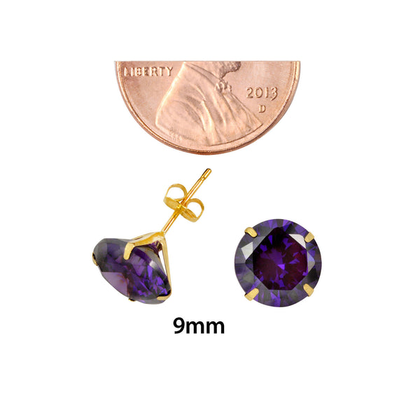 14k Yellow Gold Purple Amethyst Cubic Zirconia Stud Earrings Round Birthstone CZ - Jewelryland.com