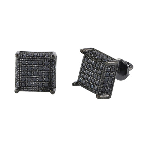 Screwback Earrings Sterling Silver Black CZ 9mm Square 3d 2 Row CZ Sidestones - Jewelryland.com