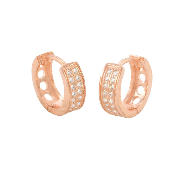 Sterling Silver Huggie Hoop Earrings Rose Gold Plated 2 Row CZ 14mm x 5mm - Jewelryland.com