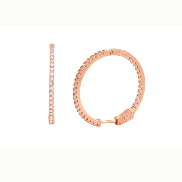 Cubic Zirconia Hoop Earrings CZ Rose Gold Plated 29mm Push Latch Lock - Jewelryland.com