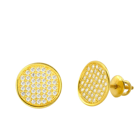 Sterling Silver Screw Back Earrings Yellow Gold Plated Pave CZ Studs 10mm Circle - Jewelryland.com