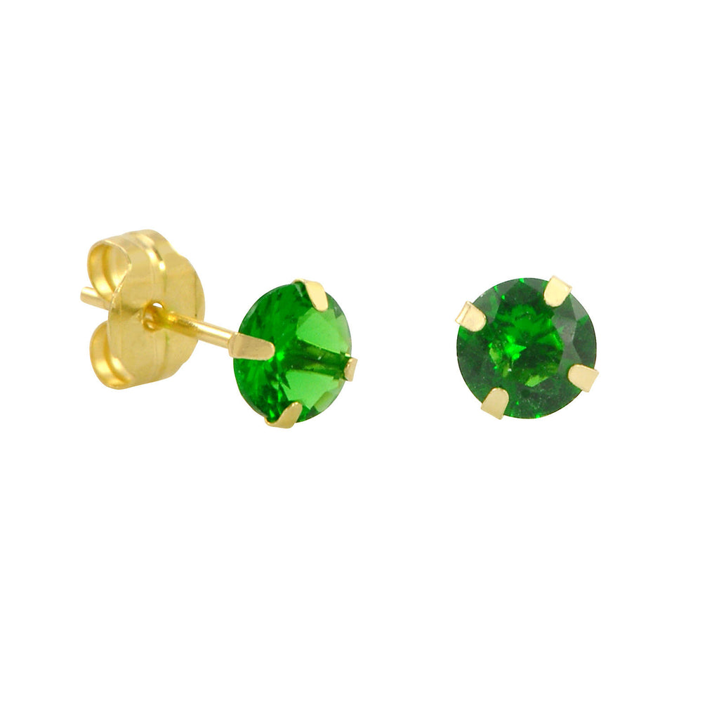 10k Yellow Gold Green Emerald CZ Stud Earrings Cubic Zirconia Round Pr ...