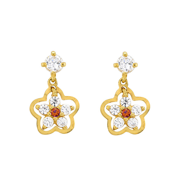 Sterling Silver Flower Dangle Earrings Ruby and White Cubic Zirconia Gold Plated - Jewelryland.com