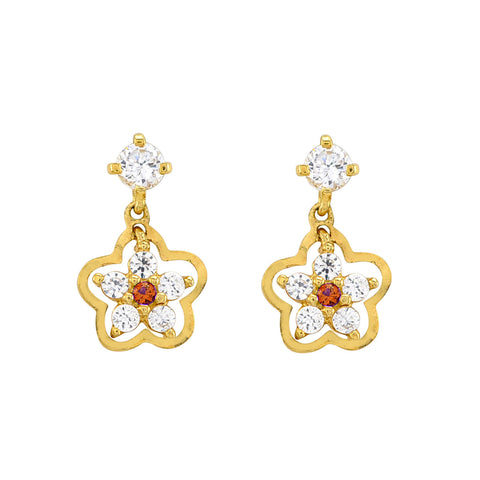 Sterling Silver Flower Dangle Earrings Ruby and White Cubic Zirconia Gold Plated - Jewelryland.com
