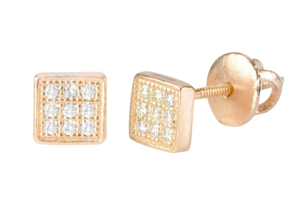 Sterling Silver Rose Gold Plated Screwback Micropave CZ Stud Earrings 5mm Square - Jewelryland.com