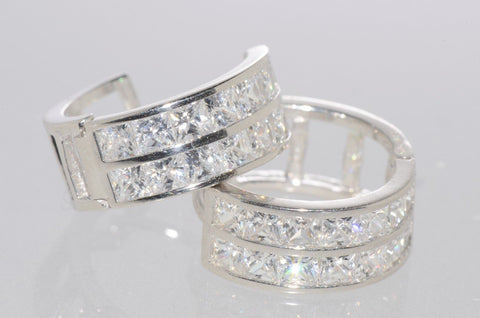 925 Sterling Silver Huggie Hoops Hinged Earrings Snap Closure 14mm 2 Row CZ - Jewelryland.com