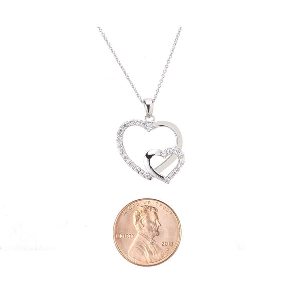 Double Heart CZ Necklace .925 Sterling Silver Clear Cubic Zirconia 28mm 16" - Jewelryland.com