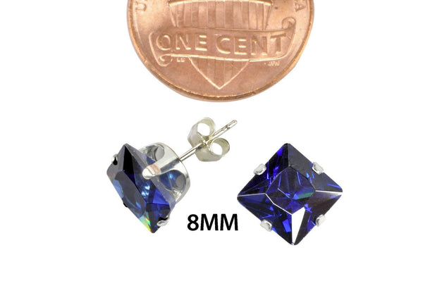 Sapphire CZ Earrings Silver Square Blue September Birthstone Studs Prong Zircon - Jewelryland.com