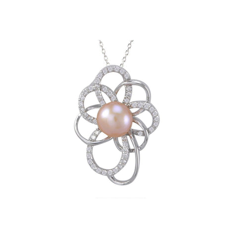 Pink Pearl Flower Necklace Large White CZ Petals .925 Sterling Silver, 18" Chain - Jewelryland.com