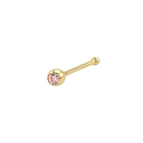Tiny Nose Stud 22G 14k Yellow Gold 2.5mm Pink Round CZ Bezel Set Nose Bone - Jewelryland.com