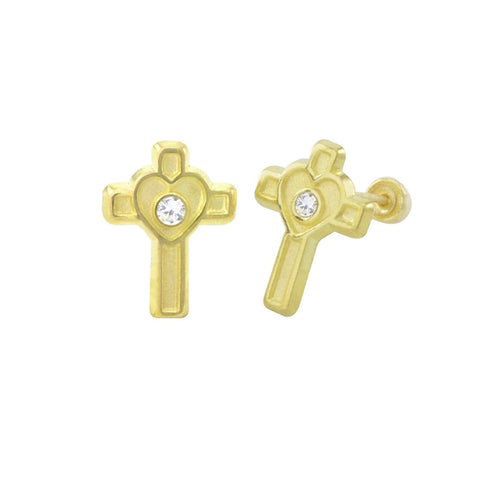 10k Yellow Gold Cross with Heart Stud Earrings Screwbacks White Cubic Zirconia - Jewelryland.com