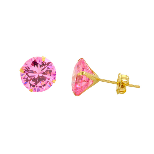 14k Yellow Gold Pink CZ Earrings Round Cubic Zirconia October Birthstone Studs - Jewelryland.com