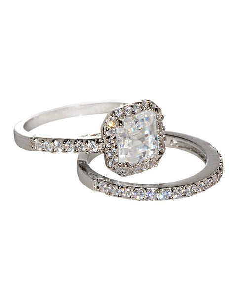 Silver Wedding Ring Set Bridal CZ Band 1.5ct Square Princess Cut Cubic Zirconia - Jewelryland.com