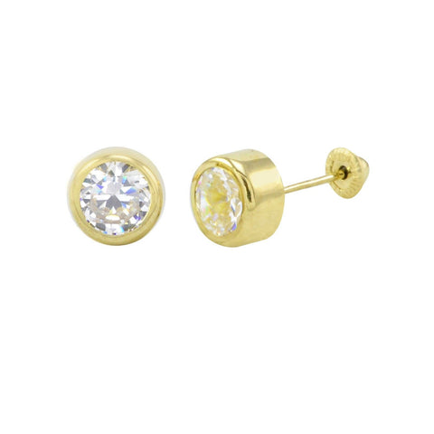 10k Yellow Gold Round Clear CZ Stud Earrings Screwbacks Thick Bezel Setting - Jewelryland.com