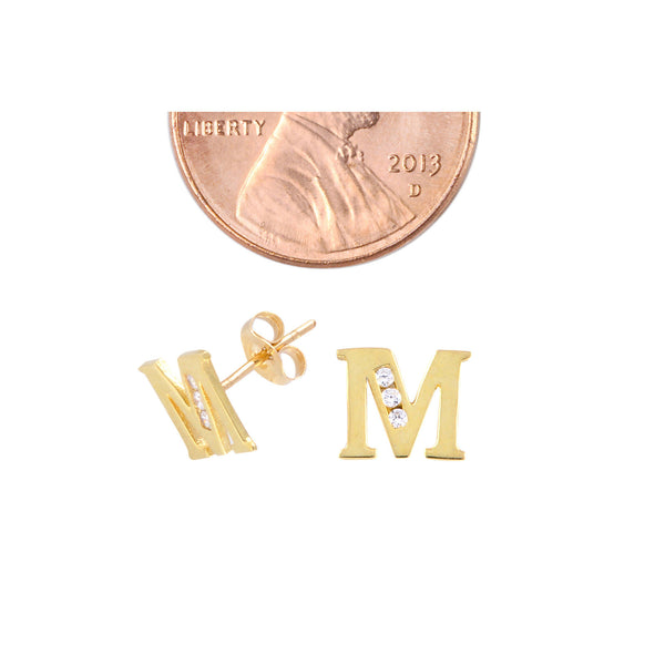 10k Yellow Gold Letter M Initial Stud Earrings Cubic Zirconia 7mm - Jewelryland.com
