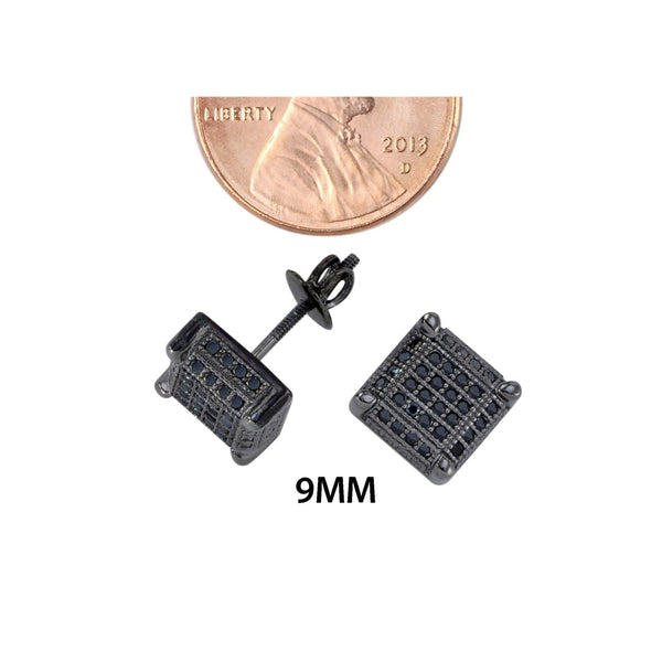 Mens Womens Screwback Stud Earrings Micropave Black Cubic Zirconia 9mm Square 3d - Jewelryland.com