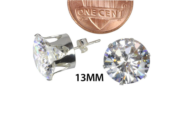Sterling Silver HUGE Clear Cubic Zirconia Stud Earrings Round CZ Prong 9mm-14mm - Jewelryland.com