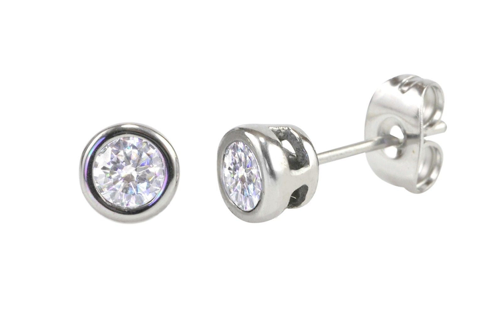 Round Clear CZ Bezel Set Stainless Steel Mens Women Stud Earrings