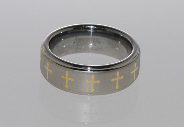 Tungsten Wedding Band Ring w Yellow Gold Plated Laser Engraved Cross - Jewelryland.com