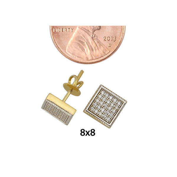 Sterling Silver Screw Back Earrings Pave Yellow Gold Plated CZ Studs 8mm Square - Jewelryland.com