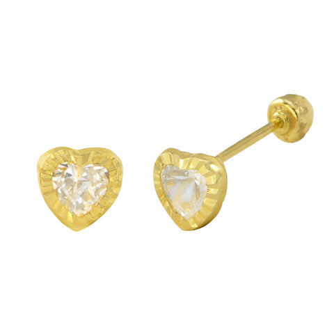 10k Yellow Gold Heart CZ Screwback Earrings Laser Cut Frame Bezel Set Design 5mm - Jewelryland.com