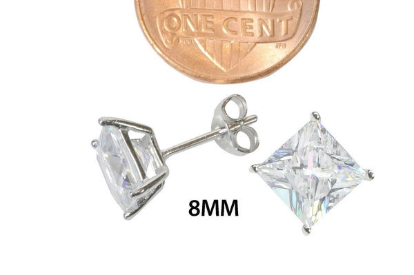 Sterling Silver Square Cubic Zirconia Stud Earrings AAA Clear CZ Basket Setting - Jewelryland.com
