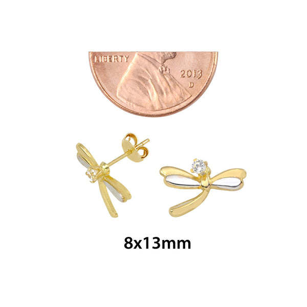 10k Gold Dragonfly Stud Earrings Two Tone Gold Yellow and White Pushbacks 8x13 - Jewelryland.com