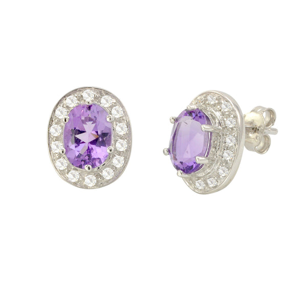 Amethyst Gemstone Stud Earrings 925 Sterling Silver Oval Micropave CZ Accent - Jewelryland.com