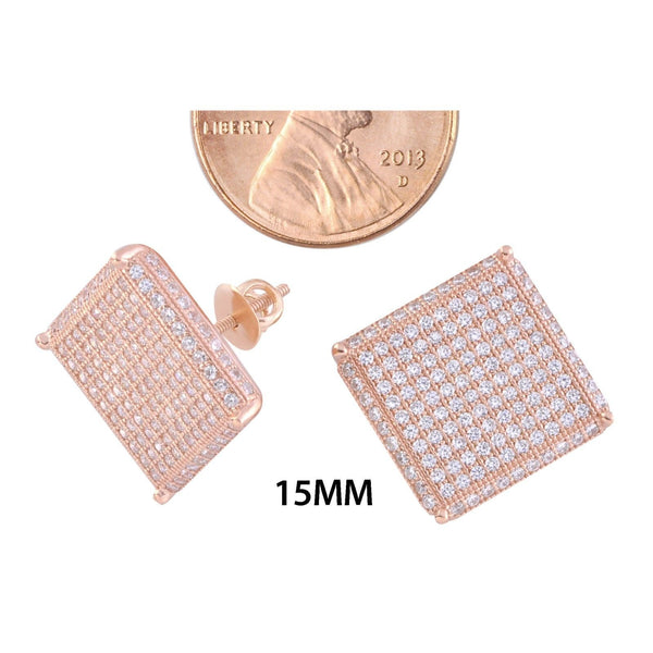 Huge Micropave Stud Earrings Screwback Sterling Silver Rose Gold 15mm Square CZ - Jewelryland.com