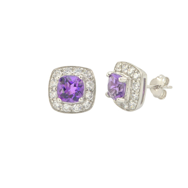 Amethyst Gemstone Stud Earrings 925 Sterling Silver Square Micropave CZ Accent - Jewelryland.com