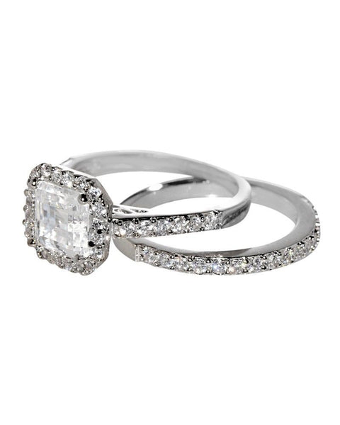 Silver Wedding Ring Set Bridal CZ Band 1.5ct Square Princess Cut Cubic Zirconia - Jewelryland.com