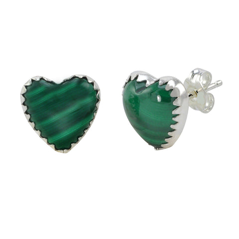 Sterling Silver Green Malachite Gemstone Earrings Heart-Shaped Studs 11mm - Jewelryland.com