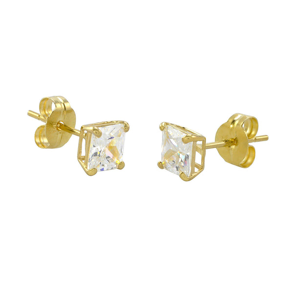 10k Yellow Gold Square Stud Earrings Clear CZ Cubic Zirconia Princess Cut Basket - Jewelryland.com