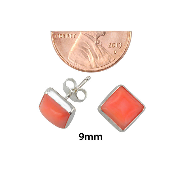 925 Sterling Silver Gemstone Earrings Pink Coral 9mm Square Studs - Jewelryland.com