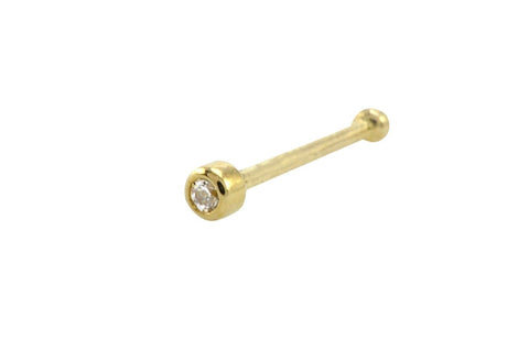 14k Yellow Gold Tiny Nose Stud 22G 1.5mm White Round CZ Bezel Set Nose Bone - Jewelryland.com